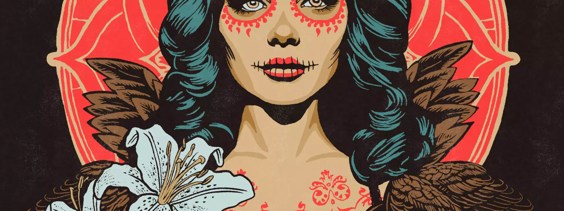 female figure with full day of the dead face paint/makeup and lilies in her hair framed by a mandala and vintage print inspi…