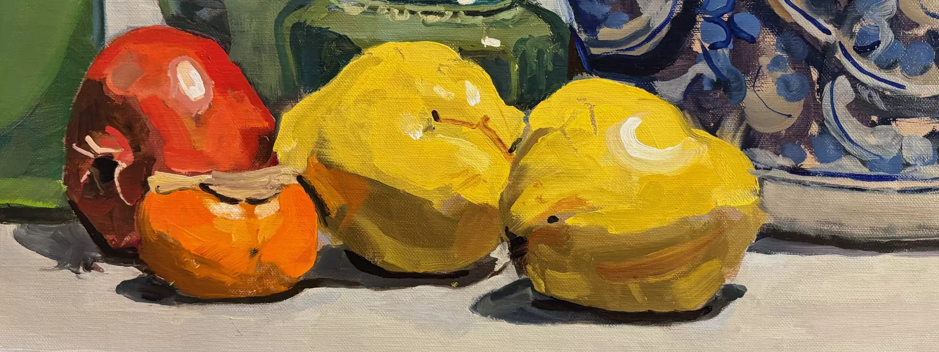 Unframed oil painting of still life objects which include quinces, pomegranate, persimmon, ginger jar and vases on a grey cl…