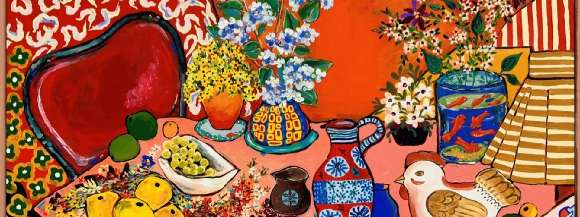 Large Still life on canvas of a tea table set up with lot of details in bright orange and red, framed
