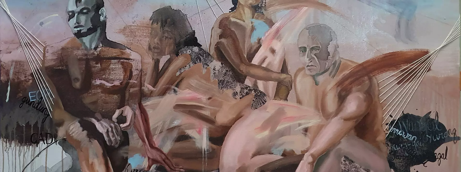 A group of nude people, placed against an abstract background. The group is seated on dark charcoal shadows, and are pinned …