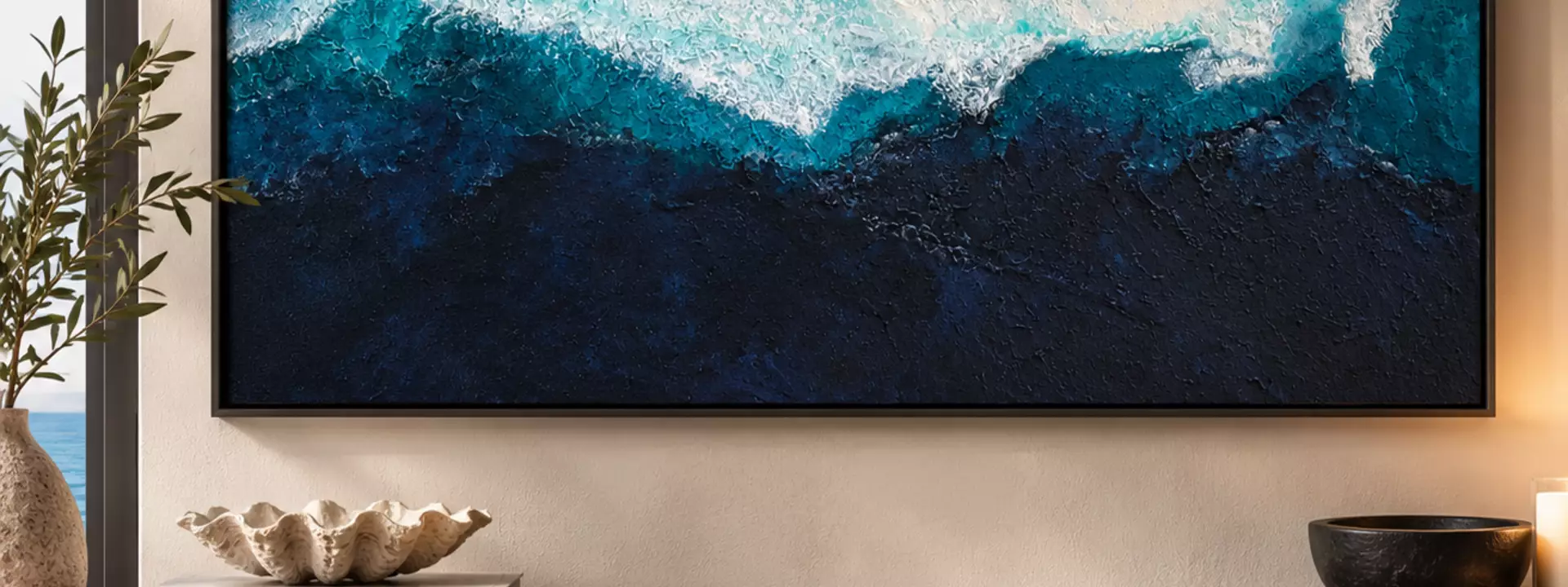 Abstract ocean-inspired artwork with layered acrylic texture, flowing movement and soft coastal tones.