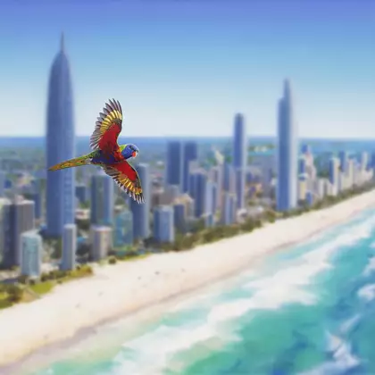 Three Rainbow Lorikeets in sharp detail flying high over Main Beach on the Gold Coast. The entire landscape has been painted…