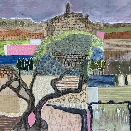 Abstract vineyards, olive trees, colorful Umbrian countryside in Italy
