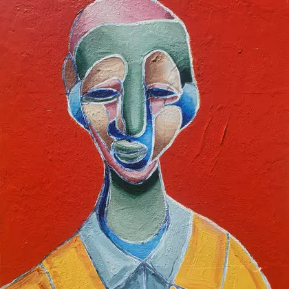 small abstract cubist style portrait of man made with acrylic paint and bright colours against a red ochre coloured back gro…