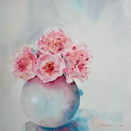 Four pink Peonies in a round China Vase.