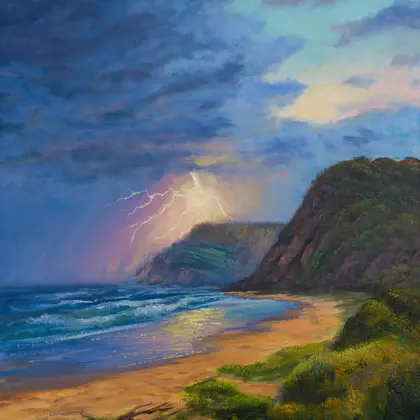 an original landscape painting of lightning at Garie Beach
