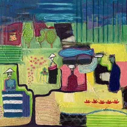 colorful abstract bali landscape with figures
