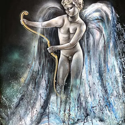 A modern painting of Eros (Cupid) Preparing his golden bow, by Sydney spiritual artist, Leni Kae.