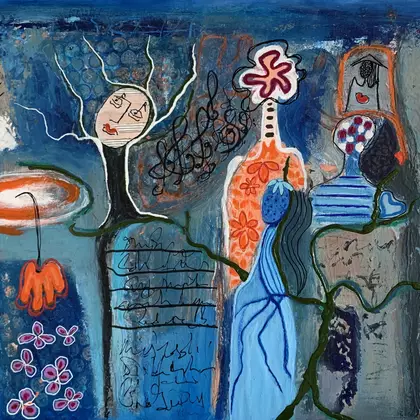 A fun, musical, lively, colorful expressionistic abstract jazzy small artwork