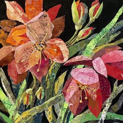 A colourful bunch of abstract collaged flowers and leaves. The flowers are bright and bold in reds, oranges, gold, the leave…