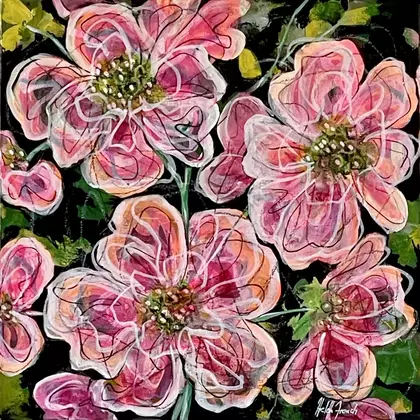 Dramatic and bright, fluffy neon pink and magenta flowers with a touch of orange, cascade across the canvas and onto the dee…