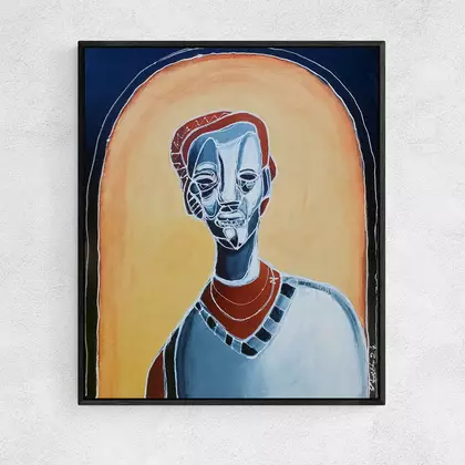 Acrylic abstract cubist style portrait of man in red ochre, blue grey and white colours.