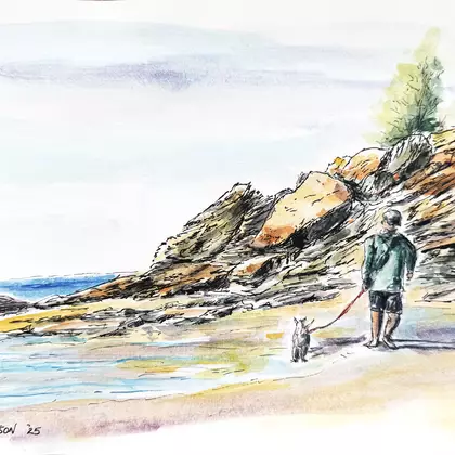 Here a man walks his dog in the early morning along the shore with the fantastic rock bluffs behind.