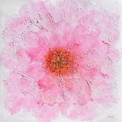 Thick textured oil painting of a single Japanese Cherry Blossom flower.