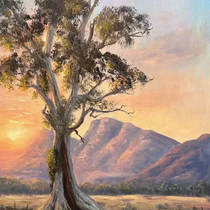 An original oil painting of majestic River Red Gum (Cazneaux) tree in the Flinders ranges at sunset with an eagle eating a c…