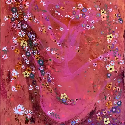 A peaceful meditative figure lost in a dreamy magical multicolored flower garden on pink background