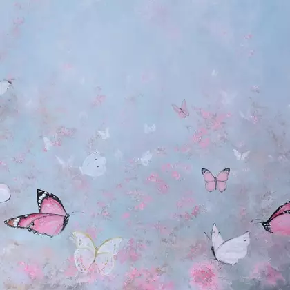 A painting of pink and white butterflies flying through a spring pink flowering garden.