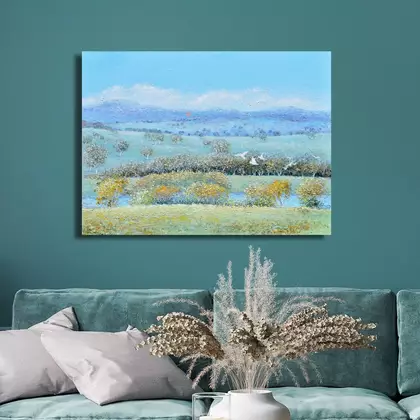 Palette knife oil painting of an autumn landscape in calming tones of light blue and green. This painting is an ACT country …