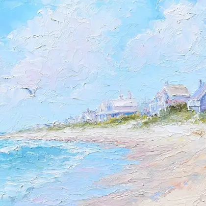 A wide horizontal panoramic painting of Main Beach in East Hampton, Long Island. The artwork features a wide sandy beach, gr…