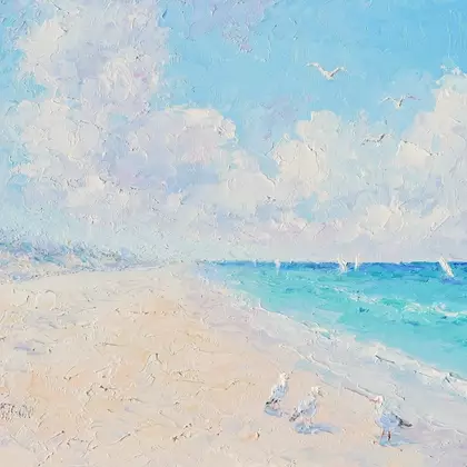 A textured impressionist seascape featuring a quiet, cloudy day with seagulls at the water's edge and sailboats on the dista…