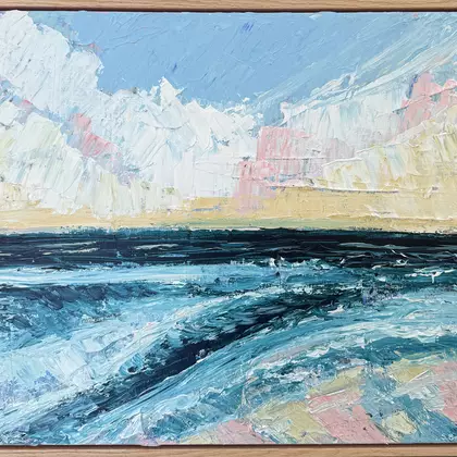 An abstracted seascape painted thickly with a palette knife with a rough green/blue sea with white, pink and ochre giving it…