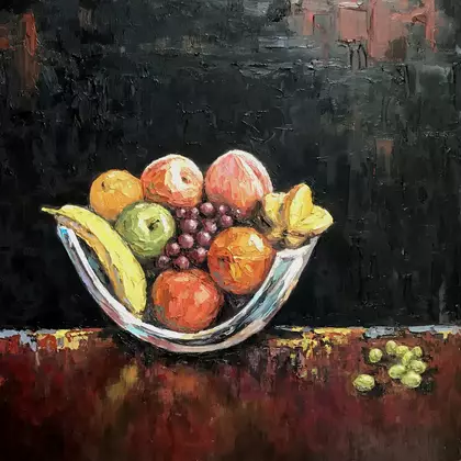 Glass bowl with fruits by Fangmin Wu, Oil