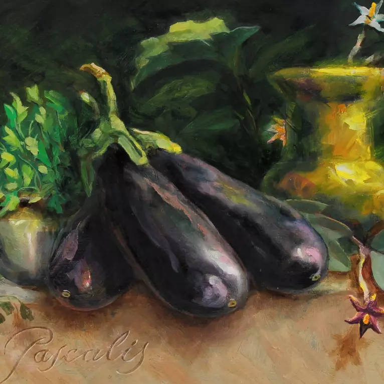 Impressionism-Still-Life-Study: Eggplant, parsley in a clay pot, and a ...