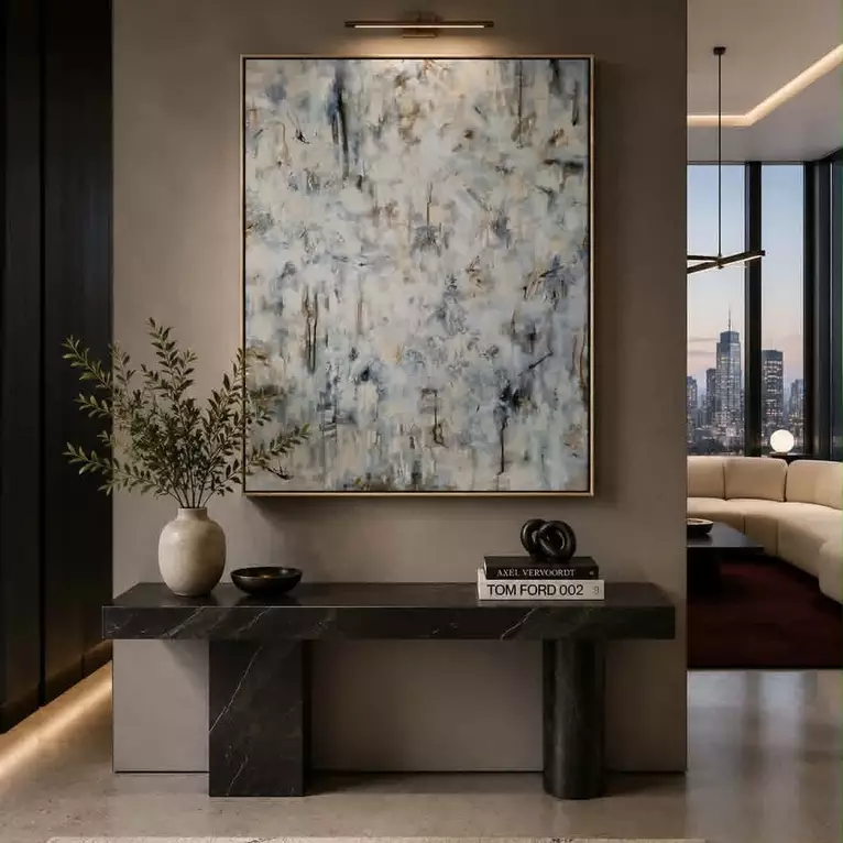Contemporary textured acrylic painting in soft white, grey, taupe and charcoal with layered abstract br… — artist's signature