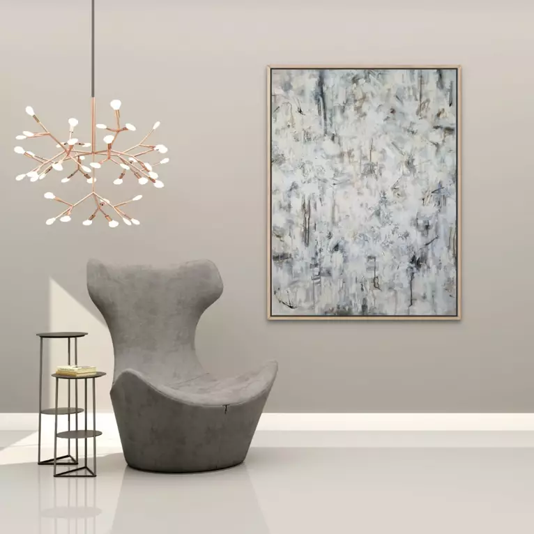 Contemporary textured acrylic painting in soft white, grey, taupe and charcoal with layered abstract brushwork and rich text…