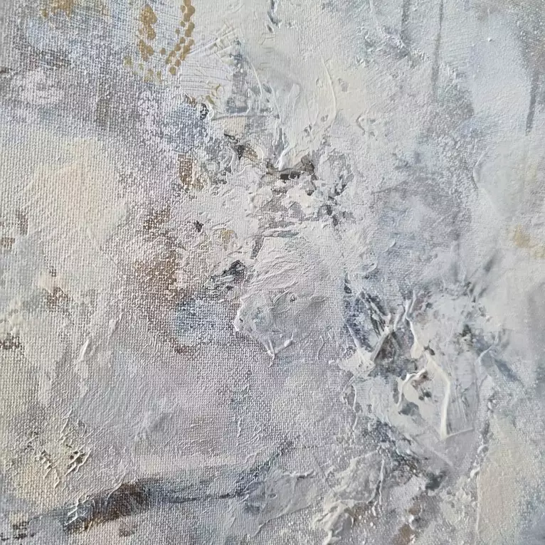 Contemporary textured acrylic painting in soft white, grey, taupe and charcoal with layered abstract brushwork a… — edge view