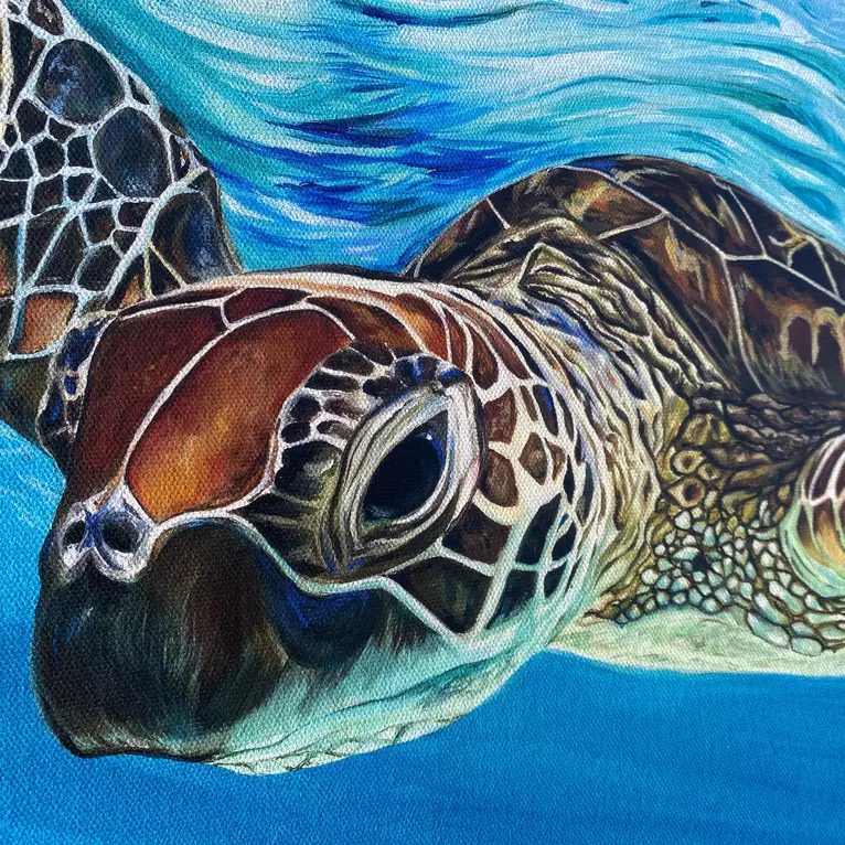 Turtle swimming through the Great Barrier Reef. Made in Brisbane upon receiving order. — artist's signature
