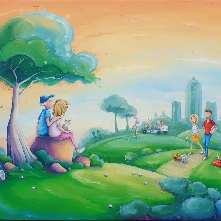 Golfing of the hills, and looking back through the painting to see all family, sons, Parents, Mentors, and home.