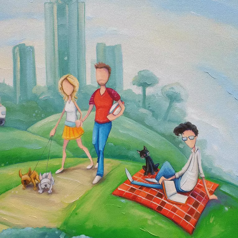Golfing of the hills, and looking back through the painting to see all family, sons, Parents, Mentors, … — artist's signature