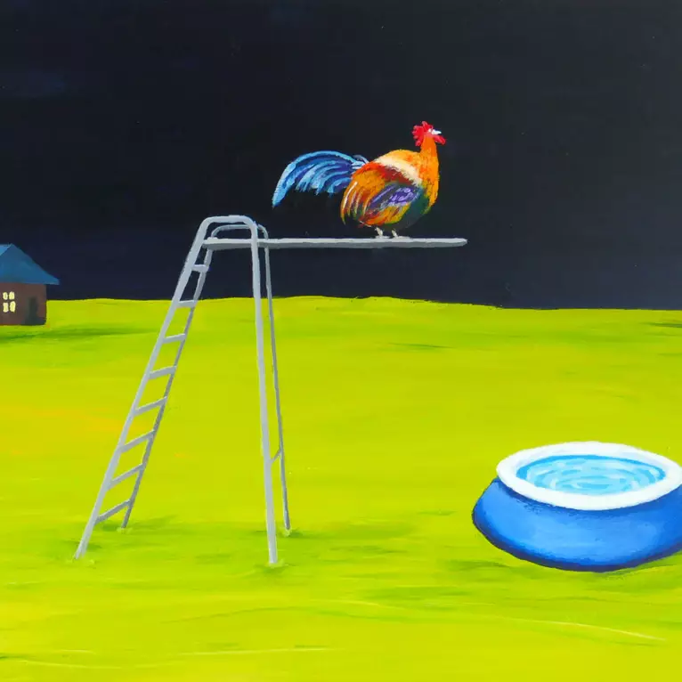 Night diving rooster by Rory OBrien, Acrylic, Pop