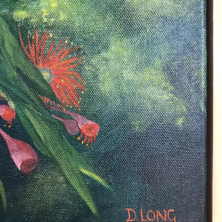 Rainbow lorikeets feasting on gum flowers. — artist's signature