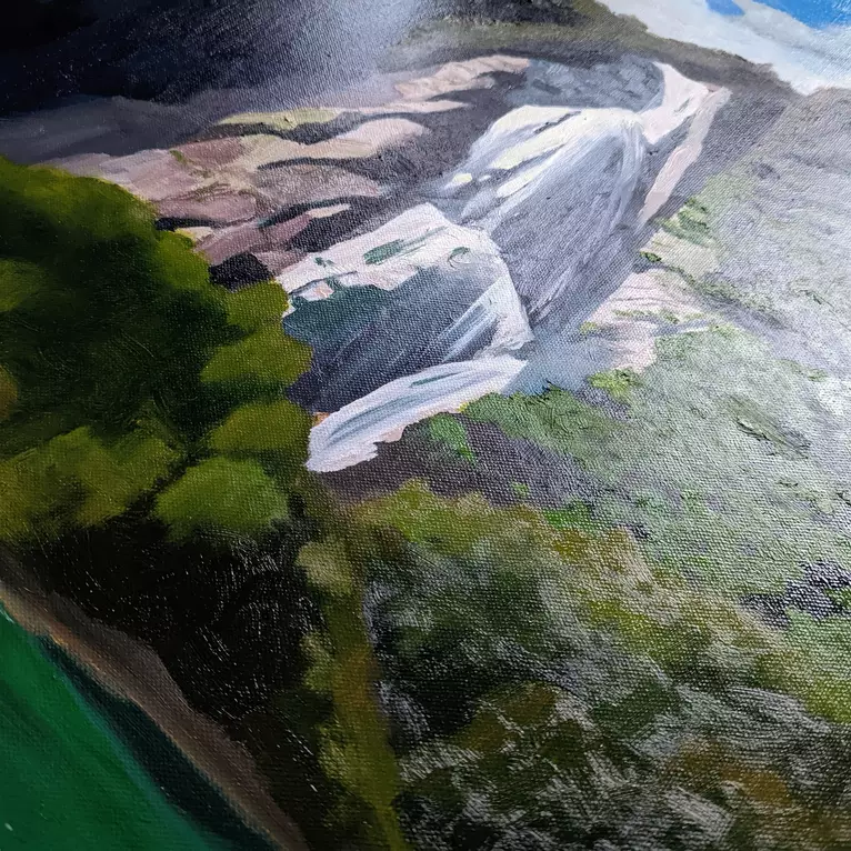 White water cascades down the rocks into the bright green of Milford Sound — artist's signature