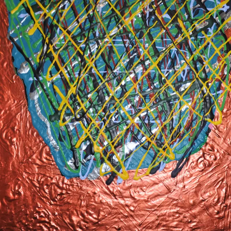 abstract, swirly lines, copper background — artist's signature