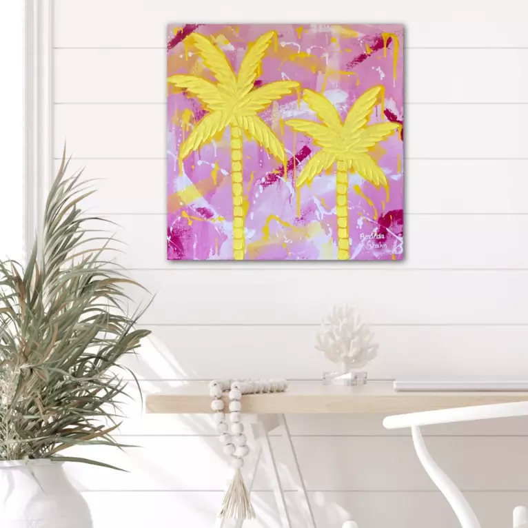 Textured yellow palm trees on pink background