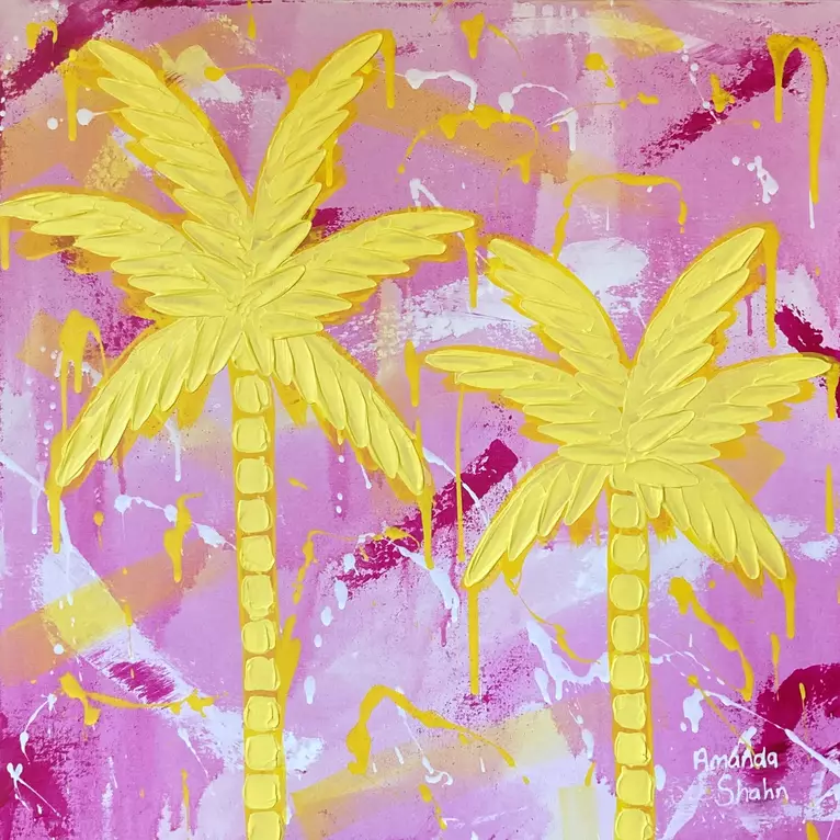 Textured yellow palm trees on pink background