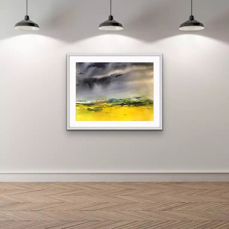 Stormy dark skies soon to cool a still warm earth of vivid gold. — shown hanging