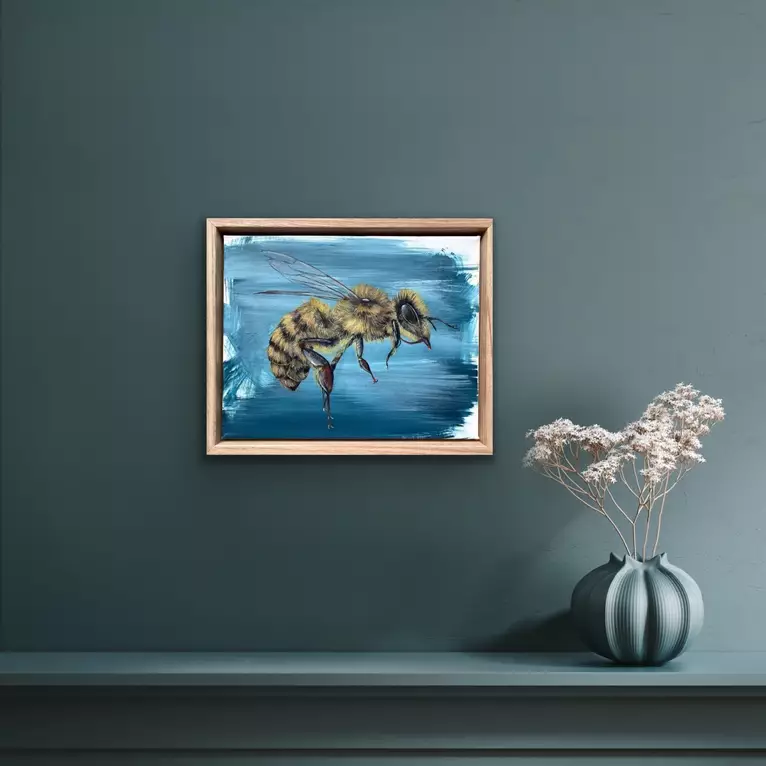 Photo realistic bee on distressed grey background — shown hanging