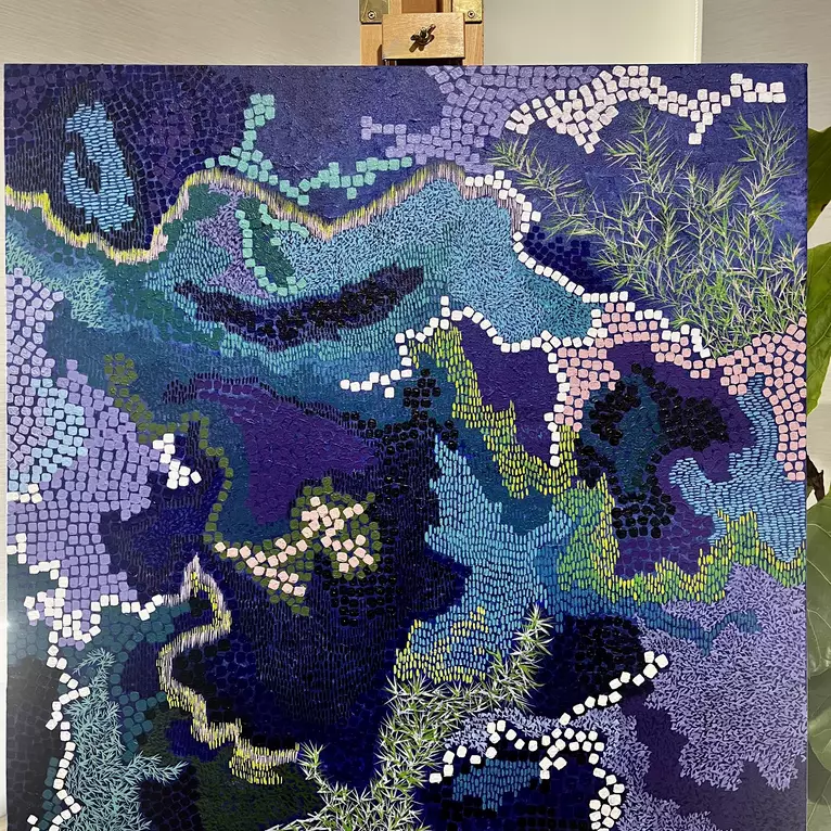 A map of squares and letters swaying and moving through the depths and shallows of a life moment — artist's signature