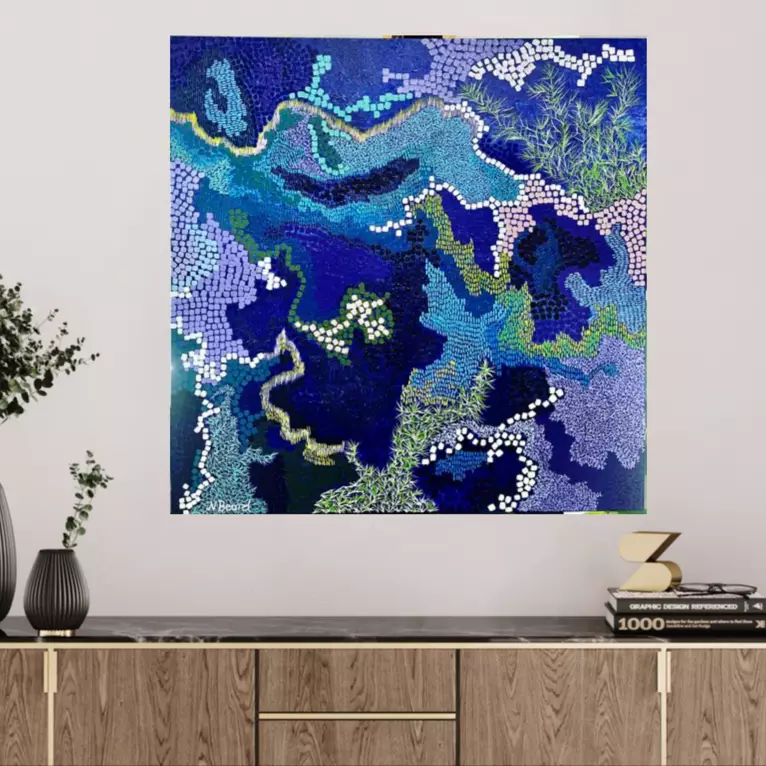 A map of squares and letters swaying and moving through the depths and shallows of a life moment — shown in a room setting