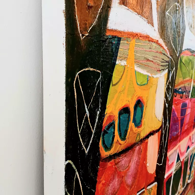 Vibrant, colourful abstract with random organic shapes. — edge view