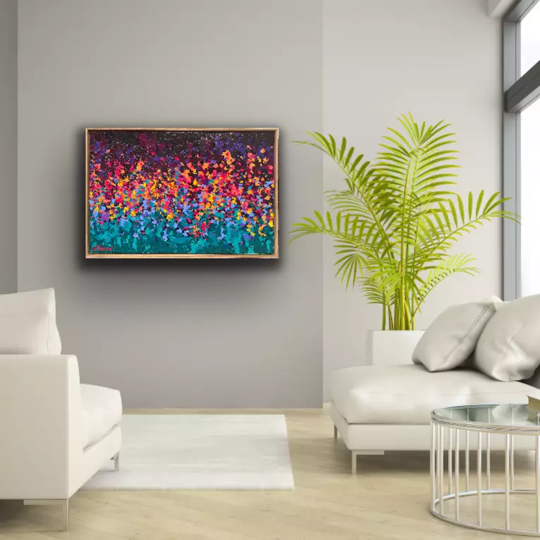 A burst of glossy lush colours thickly applied in a vivid display of nature moment of “Spring” — shown hanging