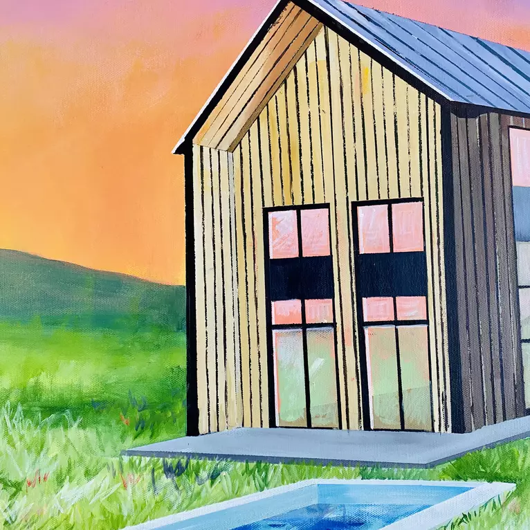 A barn style building set on a field with a pool against a vibrant sky of purple and orange — artist's signature