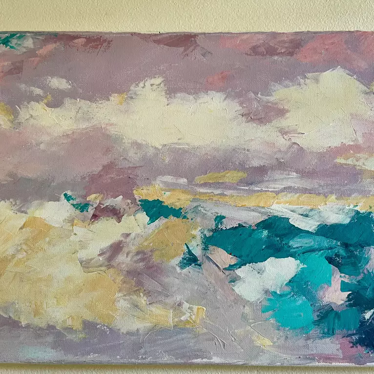 Pale pink, golden, Viridian green, teal — artist's signature
