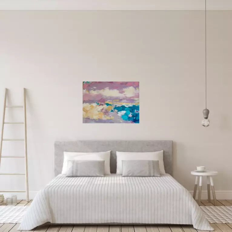 Pale pink, golden, Viridian green, teal — shown in a room setting