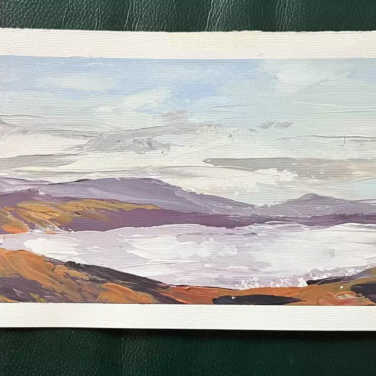Pallette knife painting of mountains and lake/loch — edge view