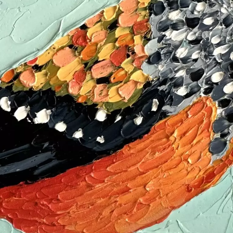 Small painting of an Australian Spotted Pardalote bird painted in textured oil paints. — detail
